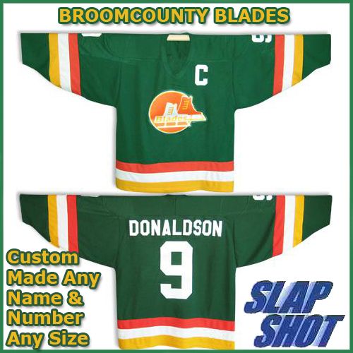 BROOMCOUNTY BLADES SLAPSHOTS AWAY GREEN HOCKEY JERSEY (Pick A Player)