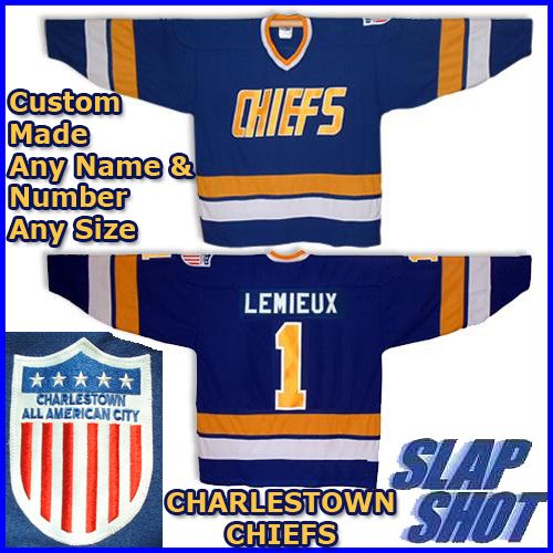 CHARLESTOWN CHIEFS SLAPSHOTS AWAY BLUE HOCKEY JERSEY (Pick A Player)