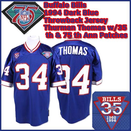 Buffalo Bills 1994 NFL Dark Blue Jersey #34 Thurman Thomas w/ 35 th & 75 th Ann Patches