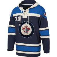 Mens Winnipeg Jets Old Time Blue Lace Heavyweight Hoodie Hockey Jersey